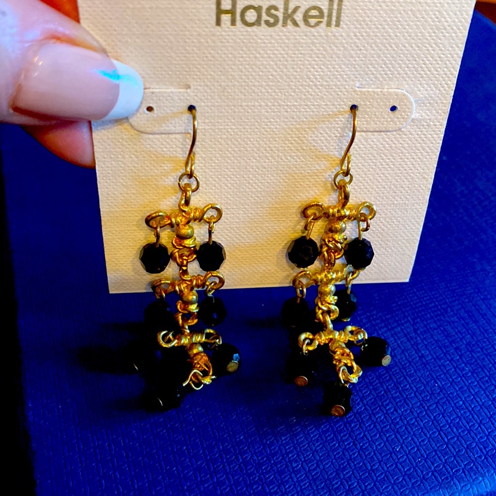 Haskell Black Sparkling Crystal Long Gold Plated Dangling Earrings NWOT